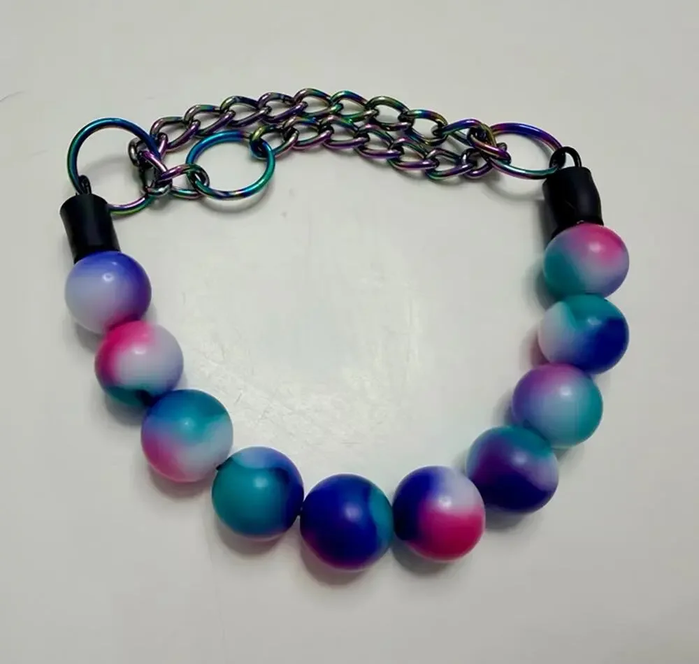 Hypnotic Dog Resin Beaded Dog/Cat Collar in Tie-Dye w/Rainbow Martingale Chain